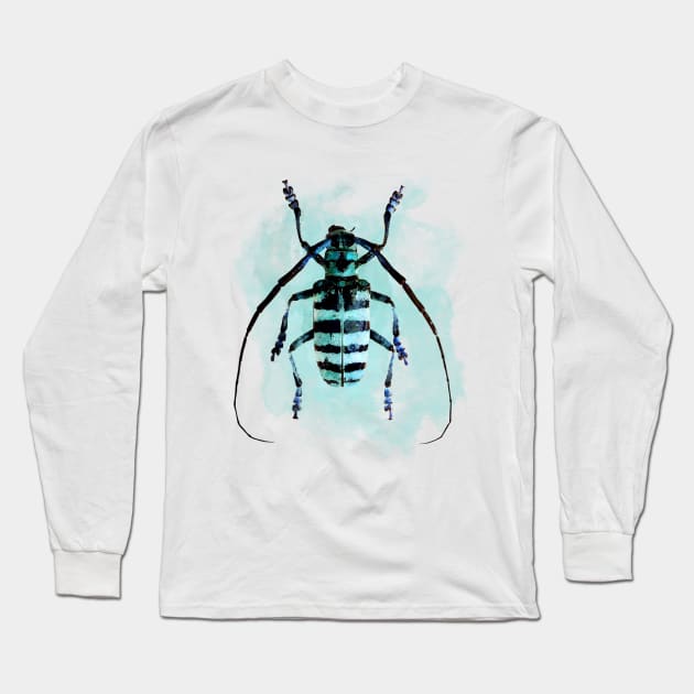 Dramabite Watercolor beetle illustration colourful blue cyan insect animal Long Sleeve T-Shirt by dramabite